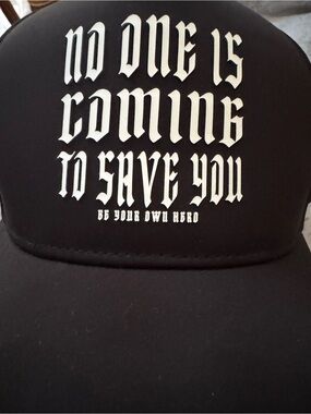 Black Graphic Trucker Hat with White Gothic Text